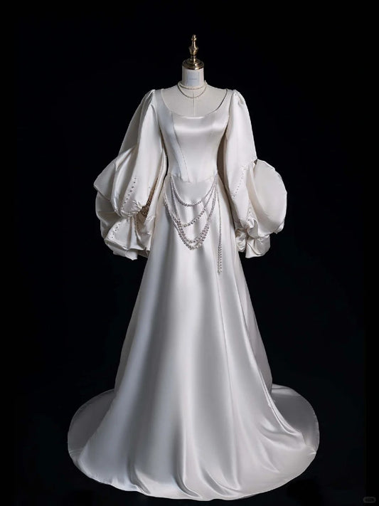 Pretty A line Long Sleeves White With Long Sleeves Satin Brides Gown Bridal Dress Style Long Wedding Dresses RB6567