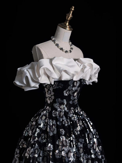 Robe de bal sobre à épaules dénudées, sequins floraux noirs, tenue de soirée pour jeunes filles (N1166), robe de bal longue pour adolescentes