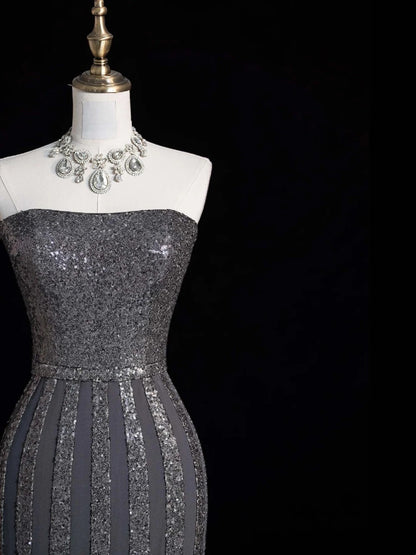 Robe de bal de fin d'année sirène sans bretelles à sequins gris argentés scintillants, robe longue de soirée pour lycéennes N1282