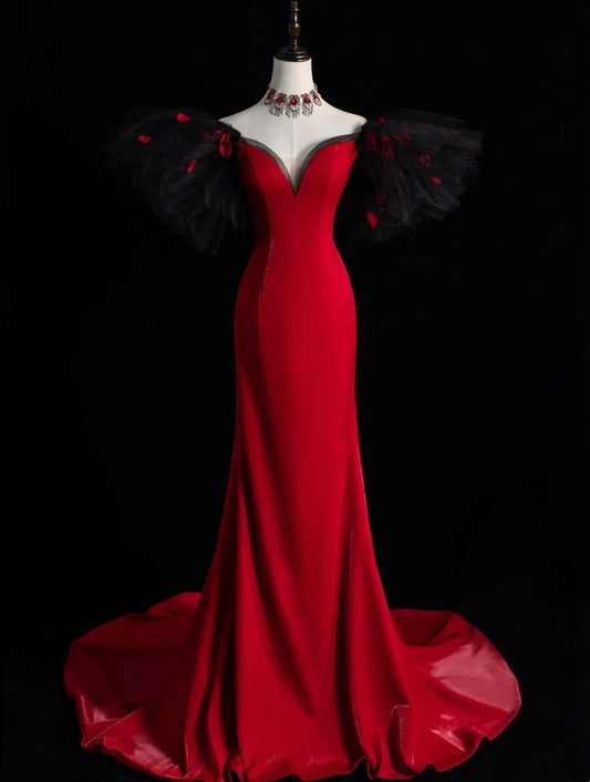 Elegant Mermaid Off The Shoulder Red Satin With Sleeves Floor Length Inspiration Long Prom Dresses N1217