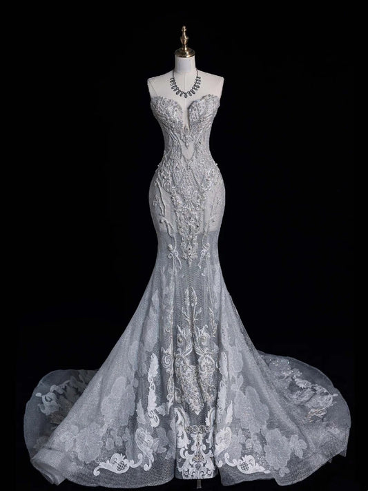 Sparkly Mermaid Sweetheart Gray Floor Length Brides Gown Bridal Dress Style Long Wedding Dresses RB6555