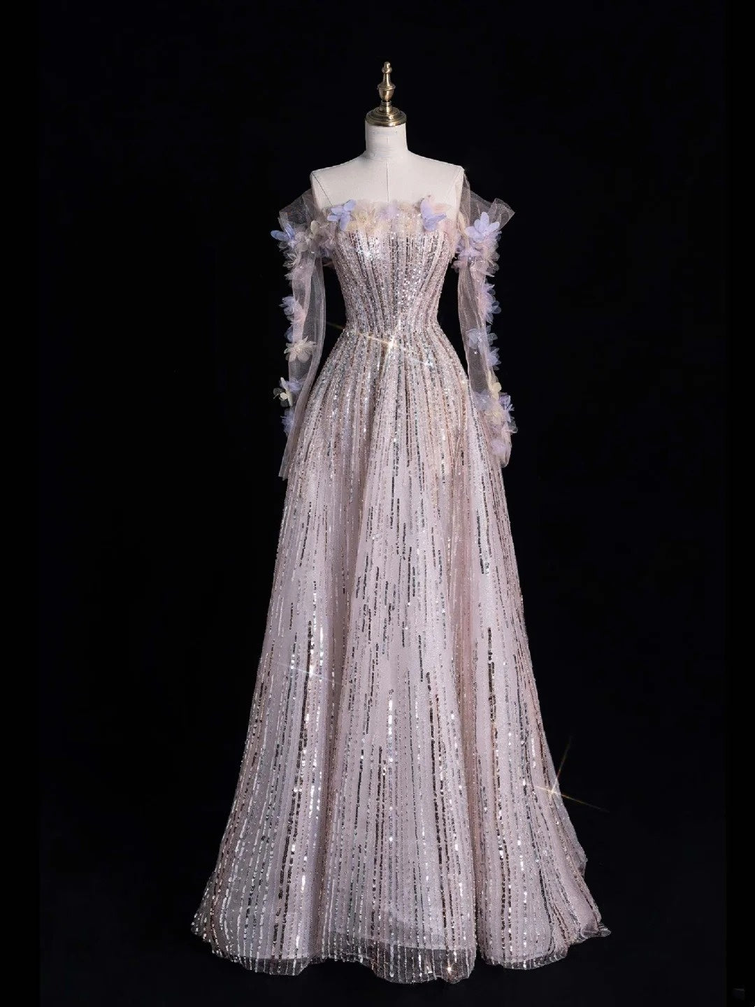 Robe de soirée longue de bal de style princesse, épaules dénudées, à sequins, référence N741