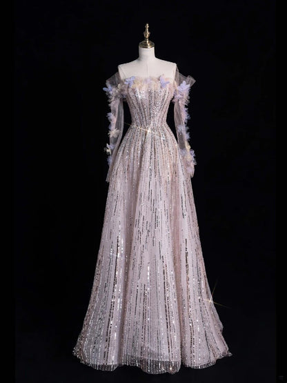 Robe de soirée longue de bal de style princesse, épaules dénudées, à sequins, référence N741