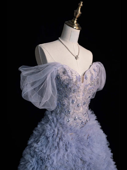 Robe de bal princesse bleu poudré à épaules dénudées avec tulle appliqué, longue robe de soirée formelle, robe de bal de fin d'année N752