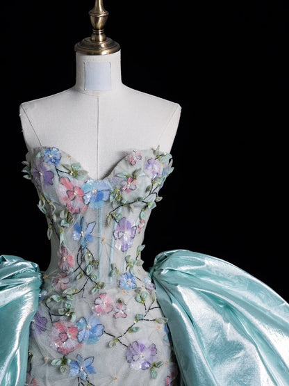 Schlichtes, ärmelloses, langes Tüllkleid mit Blumenmuster und Herzausschnitt in Mintgrün für Damen und Mädchen, Abendkleid N655