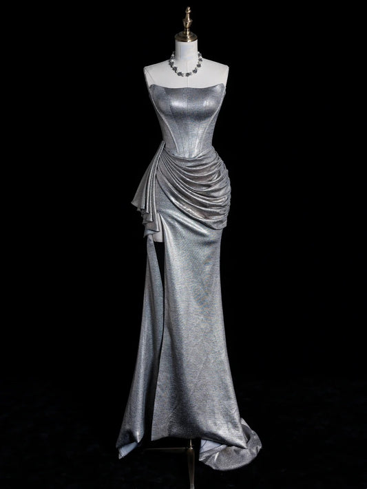 Verspieltes, trägerloses Meerjungfrauen-Abendkleid in Silbergrau mit Pailletten und Faltenrock, langes Kleid für festliche Anlässe, N611