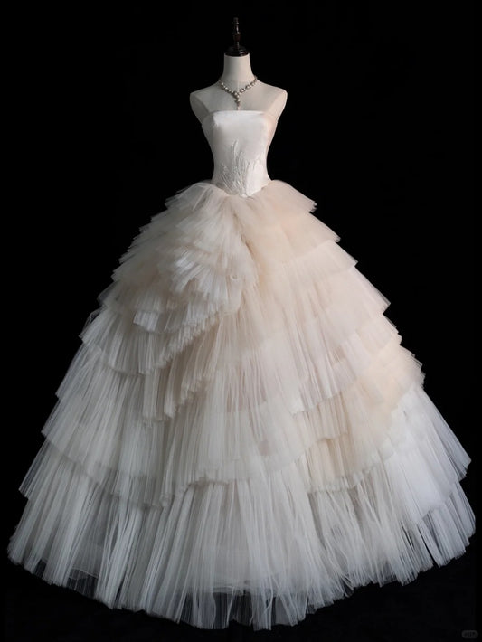 Modern Minimalist Ball Gown Strapless Sleeveless Tulle Brides Gown Bridal Dress Wedding Dresses Style RB6574
