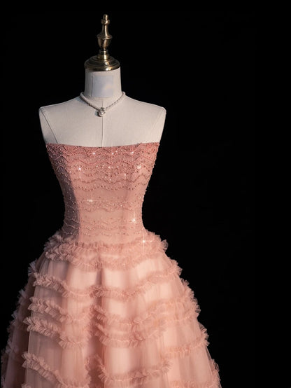 Robe de bal bustier rose poudré en tulle, robe de soirée longue pour lycéenne, N1273