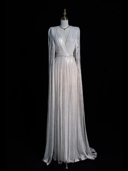 Modest A Line V Neck White Sequin With Long Sleeves Cape Prom Dresses Evening Party Formal Gown 17th Birthday Outfits AB811