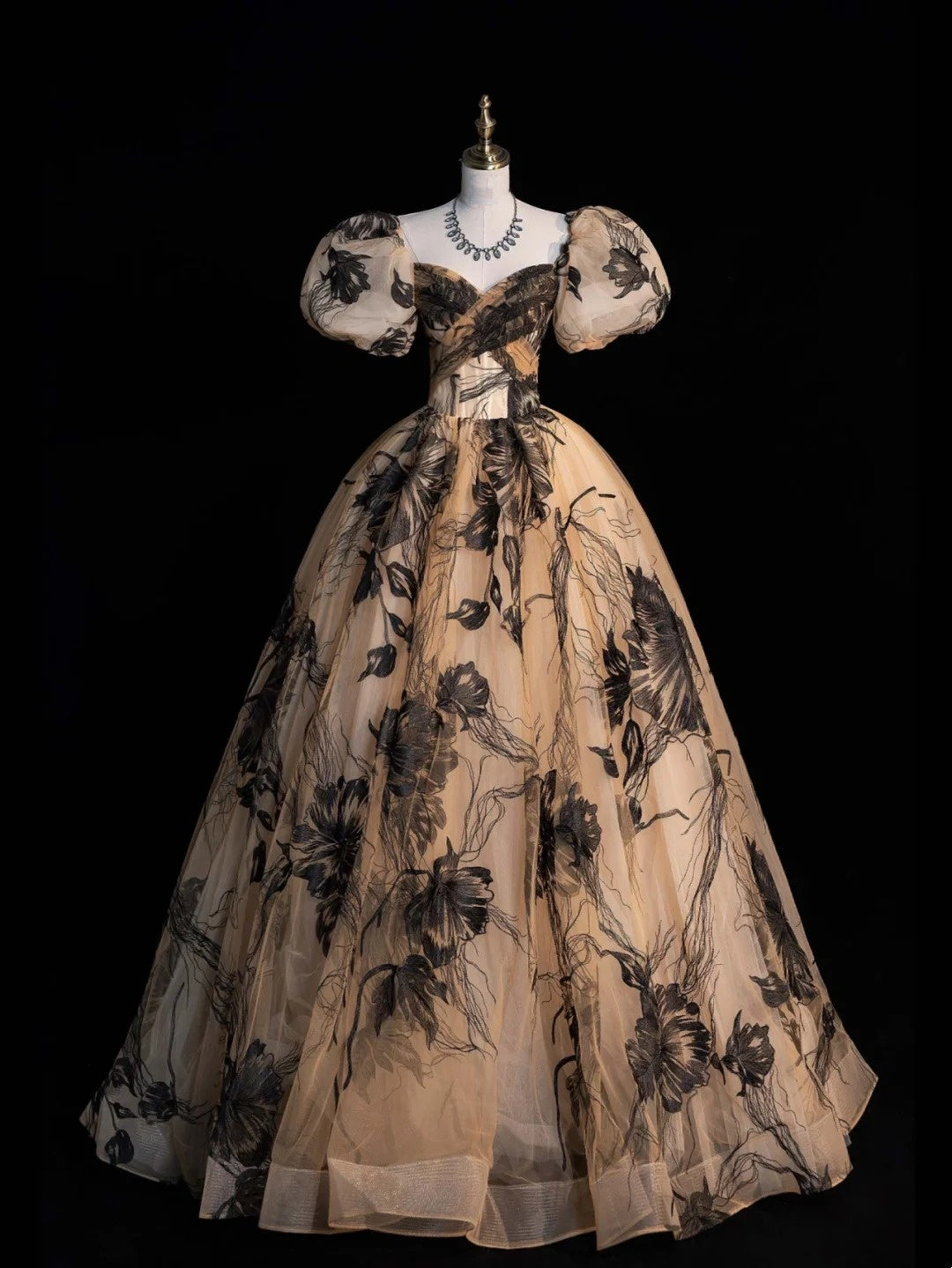 Robe de bal sobre à décolleté cœur et manches courtes bouffantes, noire à fleurs, longue robe de soirée pour femmes et jeunes filles N652