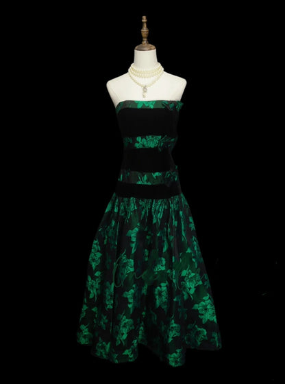 Unique A Line Strapless Dark Green Floral Satin Y2K Inspo 2000s Hoco Gowns Inspo Homecoming Dresses N1383