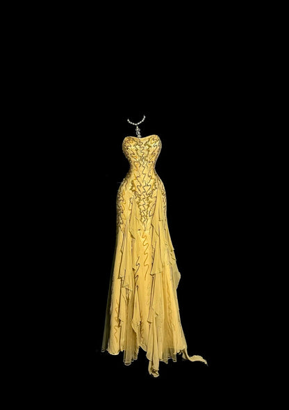 Bescheidene Ballkleider Meerjungfrau Trägerlos Gold Chiffon Mit Perlenbesatz Langes Formelles Abendkleid N3863