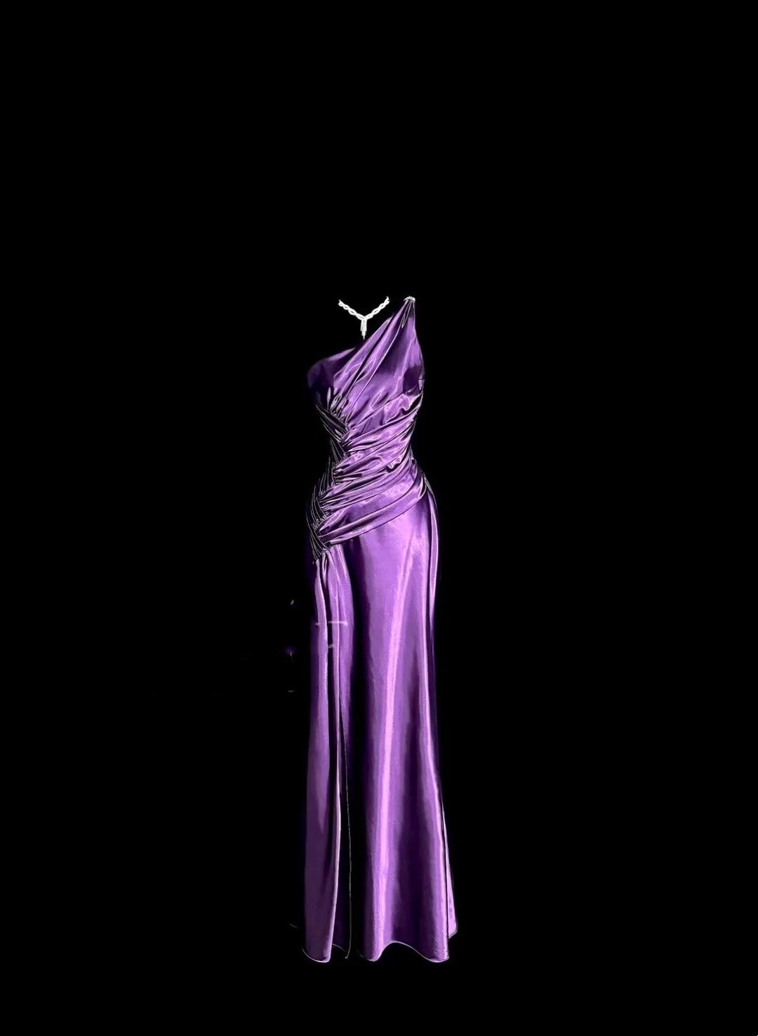 Bescheidene Abschlussballkleider Meerjungfrau One Shoulder Lila Satin mit Rüschen Lange Abendgarderobe N3432