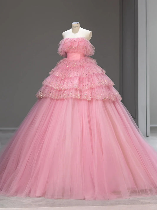 Robes de bal de princesse Robe de bal sans bretelles en tulle rose pour les 16 ans Robe de soirée longue formelle RB4006