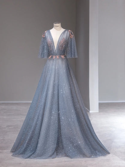 Robe de bal col en V tulle bleu poudré sans manches avec perles Robes de soirée Tenues de cérémonie RB3983