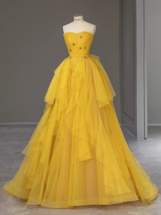 Robes de bal de princesse Robe de bal bustier en tulle jaune Douce 16 Robe de soirée longue Formelle RB4004