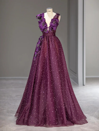Elegantes A-Linien-Kleid mit V-Ausschnitt, Lila mit Blumenperlen, langes Ballkleid, Abendoutfits RB3999