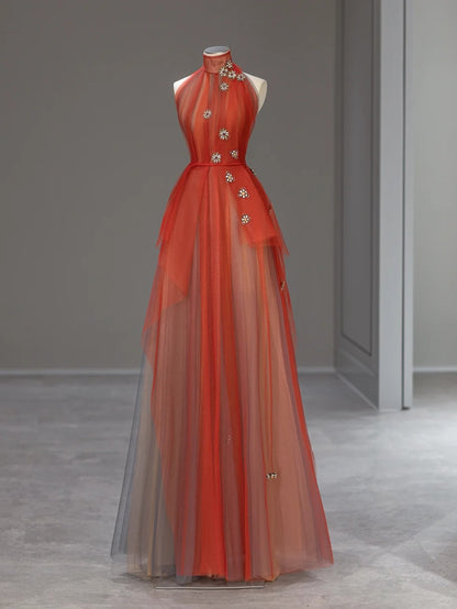 Élégante Robe de Bal Longue Droite Col Montant en Tulle Orange avec Perles Florales Idées Tenues de Soirée RB3998