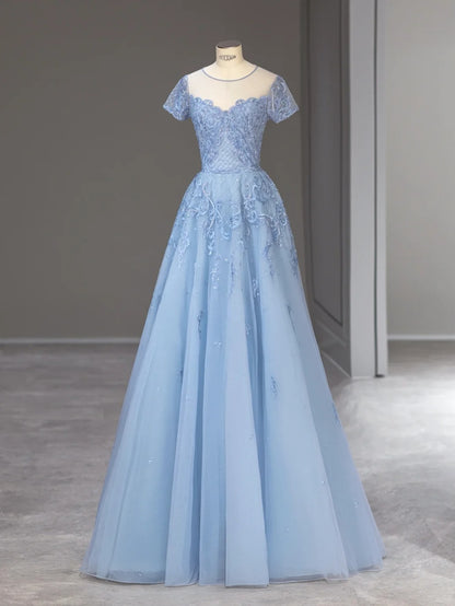 Élégante Robe de Bal Longue Bleu Clair en Tulle Coupe Trapèze avec Appliqués Inspo Tenues de Soirée RB3997