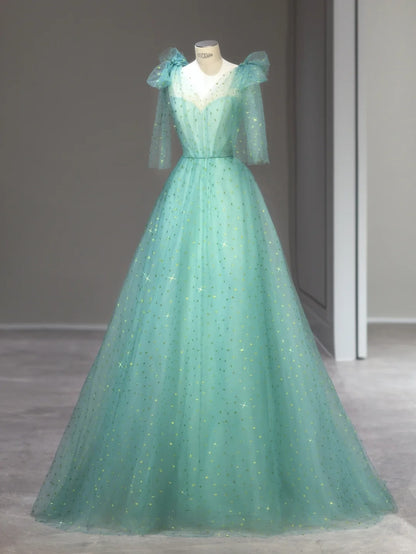 Magnifique robe de bal, bretelles en tulle vert, sans manches, longues robes de bal Inspo, tenues de soirée RB3990