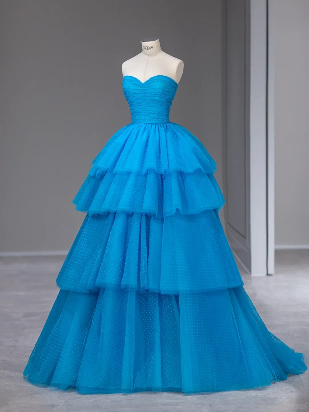 Robe de bal bustier en tulle bleu sans manches pour le bal de promo Tenues de soirée RB3988