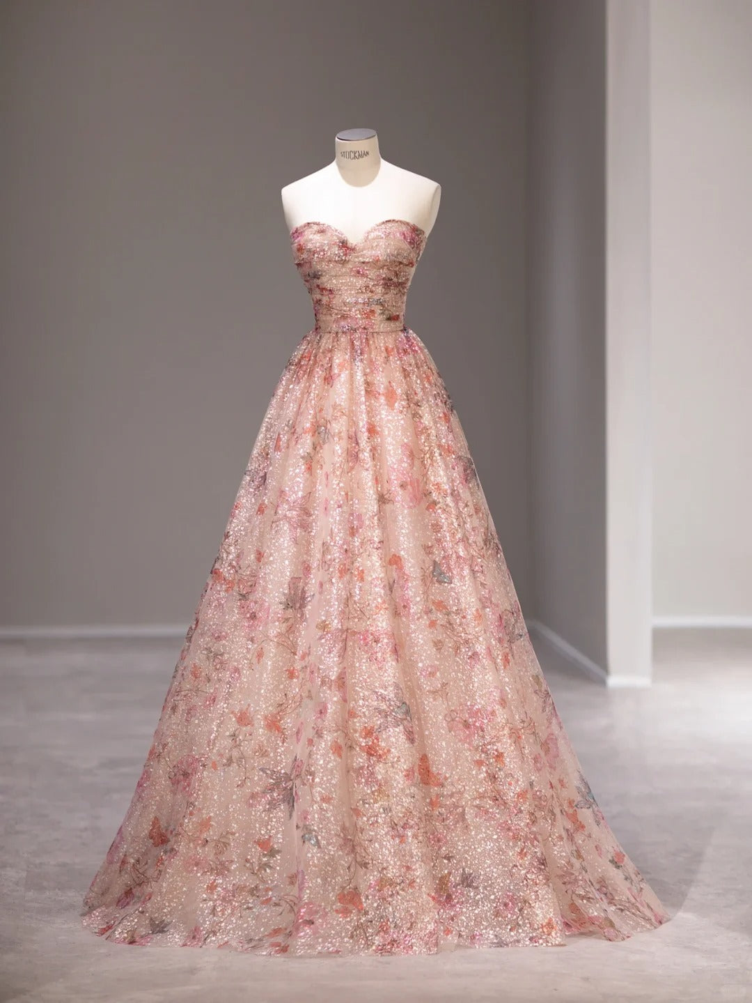 Robes de bal longues sans manches en tulle rose à fleurs coupe trapèze et bustier cœur, Tenues de cérémonie RB3987
