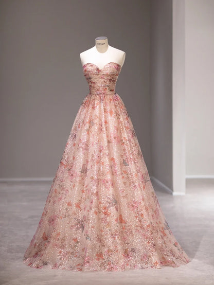 Robes de bal longues sans manches en tulle rose à fleurs coupe trapèze et bustier cœur, Tenues de cérémonie RB3987