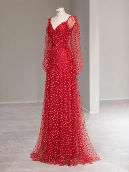Robes de bal longues sans manches en tulle rouge à pois à la ligne bustier cœur tenues de soirée RB3986