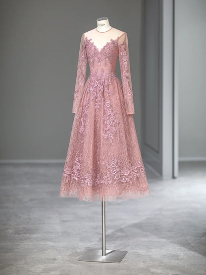 Élégante Robe de Bal Rose Coupe A, Col Rond, Manches Longues, Longueur Thé, Inspiration Tenues de Soirée RB4002