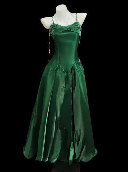 Robes de bal vintage des années 90, robes de soirée longues vert foncé à bretelles spaghetti, coupe trapèze N4489