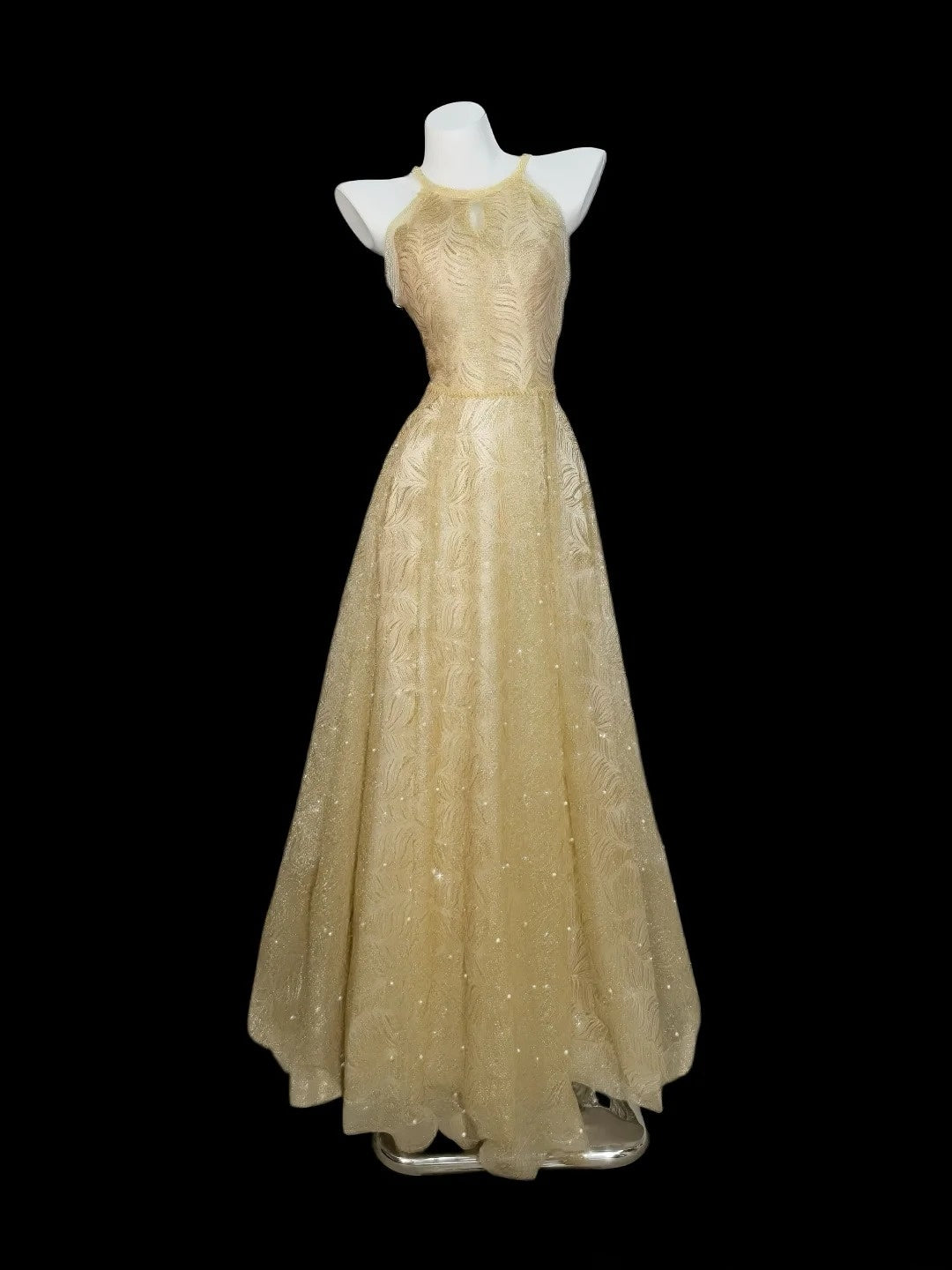 Robes de bal de princesse formelles trapèze à licou à paillettes dorées sans manches longues robes de soirée N4538