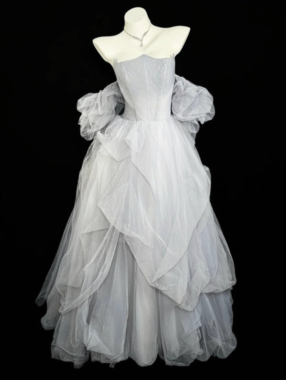 Prinzessin Abschlussballkleider Formelle Ballkleider Off The Shoulder Grau Mit Ärmeln Tüll Lange Partykleider N4534