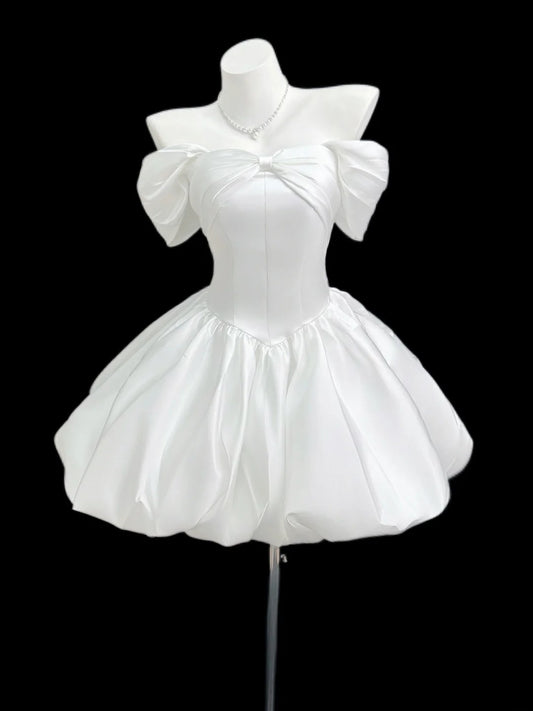 Cute Ball Gown Off The Shoulder White Satin Short Cocktail Gown Homecoming Dresses Ideas Hoco Outfit RB5442