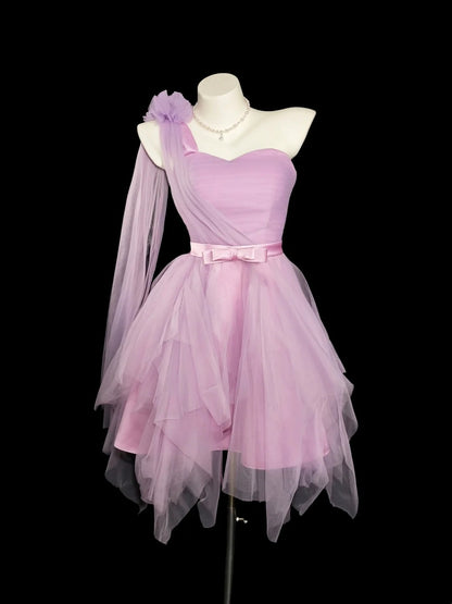 Robes de bal de fin d'année courtes en tulle lilas à une épaule, coupe trapèze, pour lycée, modèle N4551