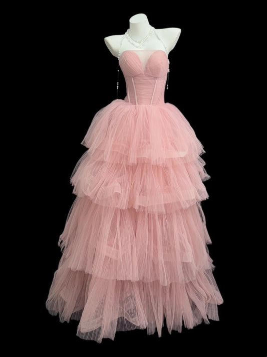 Prinzessin Abschlussballkleider Formelle Ballkleider Trägerlos Ärmellos Rosa Tüll Lange Partykleider N4509
