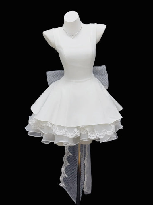 Pretty Ball Gown White Satin With Lace Ruffled Short Cocktail Gown Homecoming Dresses Ideas Hoco Outfit RB5452