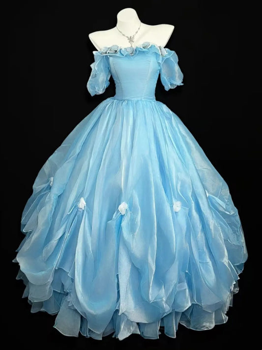 Prinzessin Abschlussballkleider Formelle Ballkleider Off Shoulder Blau mit Ärmeln Lange Partykleider N4518
