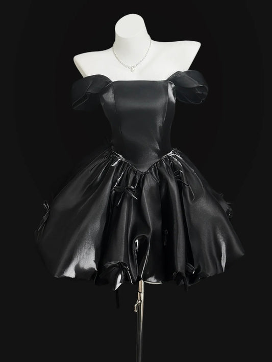 Cute Ball Gown Off The Shoulder Little Black Dress Satin Short Cocktail Gown Homecoming Dresses Ideas Hoco Outfit RB5440