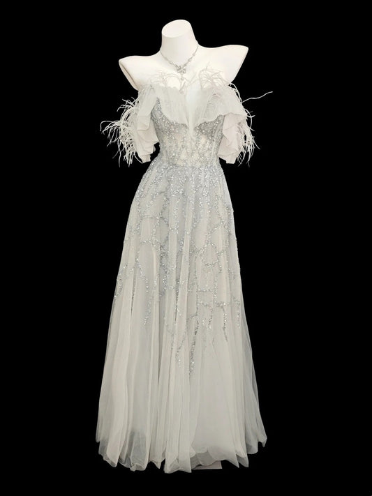 Prinzessin Abschlussballkleider Formelles A-Linien-Kleid schulterfrei grau Pailletten lange Partykleider N4504