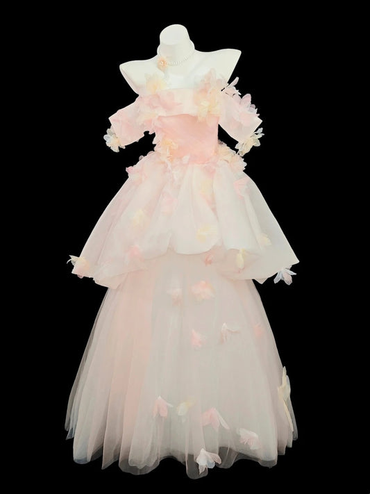 Prinzessin Abschlussballkleider Formelle Ballkleider Off Shoulder Hellrosa Tüll Lange Partykleider N4507