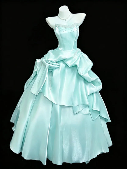 Modest Ball Gown Strapless Blue Satin Long Quinceañera Dress Moda 2000 15 Quinceanera Dresses Ideas Sweet 16 Outfits RB7233