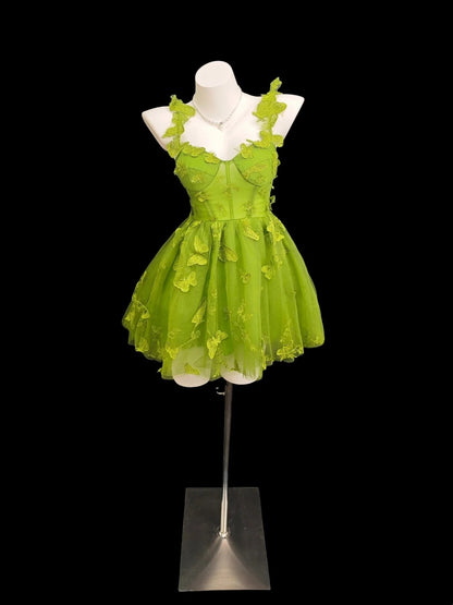 Romantic Ball Gown Spaghetti Strap Green Tulle Lace Senior Inspo Graduation High School Homecoming Dresses N4501