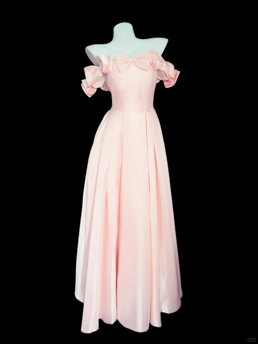 Prinzessin Abschlussballkleider Formelles A-Linien-Kleid schulterfrei Rosa mit Ärmeln Lange Partykleider N4532