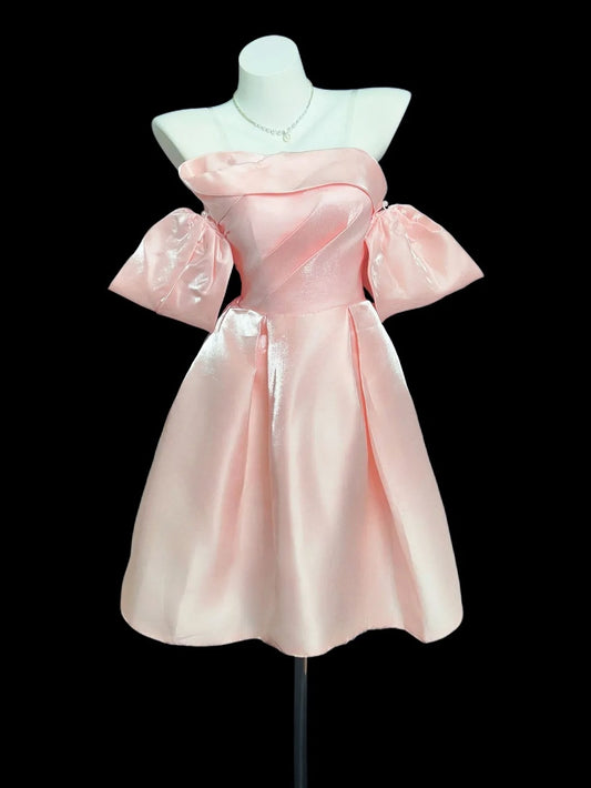 Cute Ball Gown Off The Shoulder Pink Satin Short Cocktail Gown Homecoming Dresses Ideas Hoco Outfits RB5439