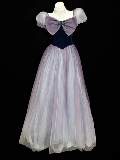 Robes de bal longues en tulle violet à col carré et ligne A classique avec nœud Inspo Tenues de soirée formelles RB4462