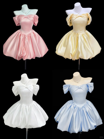 Cute Ball Gown Off The Shoulder Blue Satin Short Cocktail Gown Homecoming Dresses Ideas Hoco Outfit RB5451