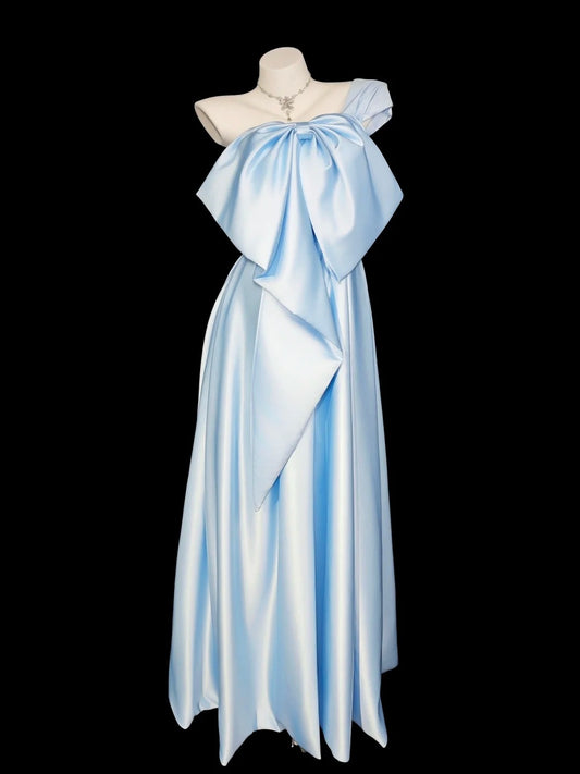 Prinzessin Abschlussballkleider Formelles A-Linien-Kleid One-Shoulder Blau Satin Ärmellos Lange Partykleider N4545