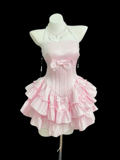 Pretty Ball Gown Strapless Pink Satin With Ruffled Short Cocktail Gown Homecoming Dresses Ideas Hoco Outfit RB5450