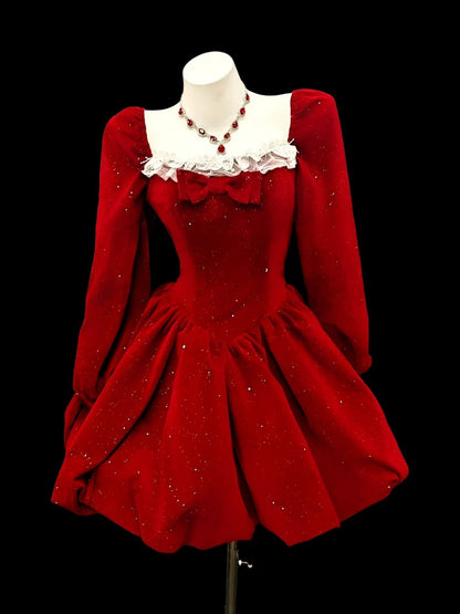 Schönes Ballkleid mit eckigem Ausschnitt, rot, mit langen Ärmeln, Samt, für den 12. Grad, kurze Minilänge, ästhetische Heimkehrkleider RB4361