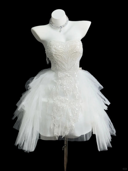 Cute Ball Gown Sweetheart Tulle White Short Mini High School Ideas Homecoming Dresses Inspo Birthday Dresses Senior Graduation Outfits RB7228